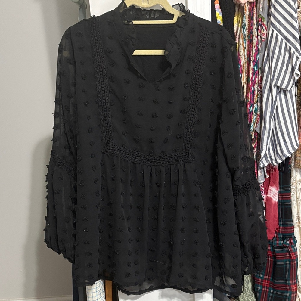 Elegant Black Women's Swiss Dot Blouse